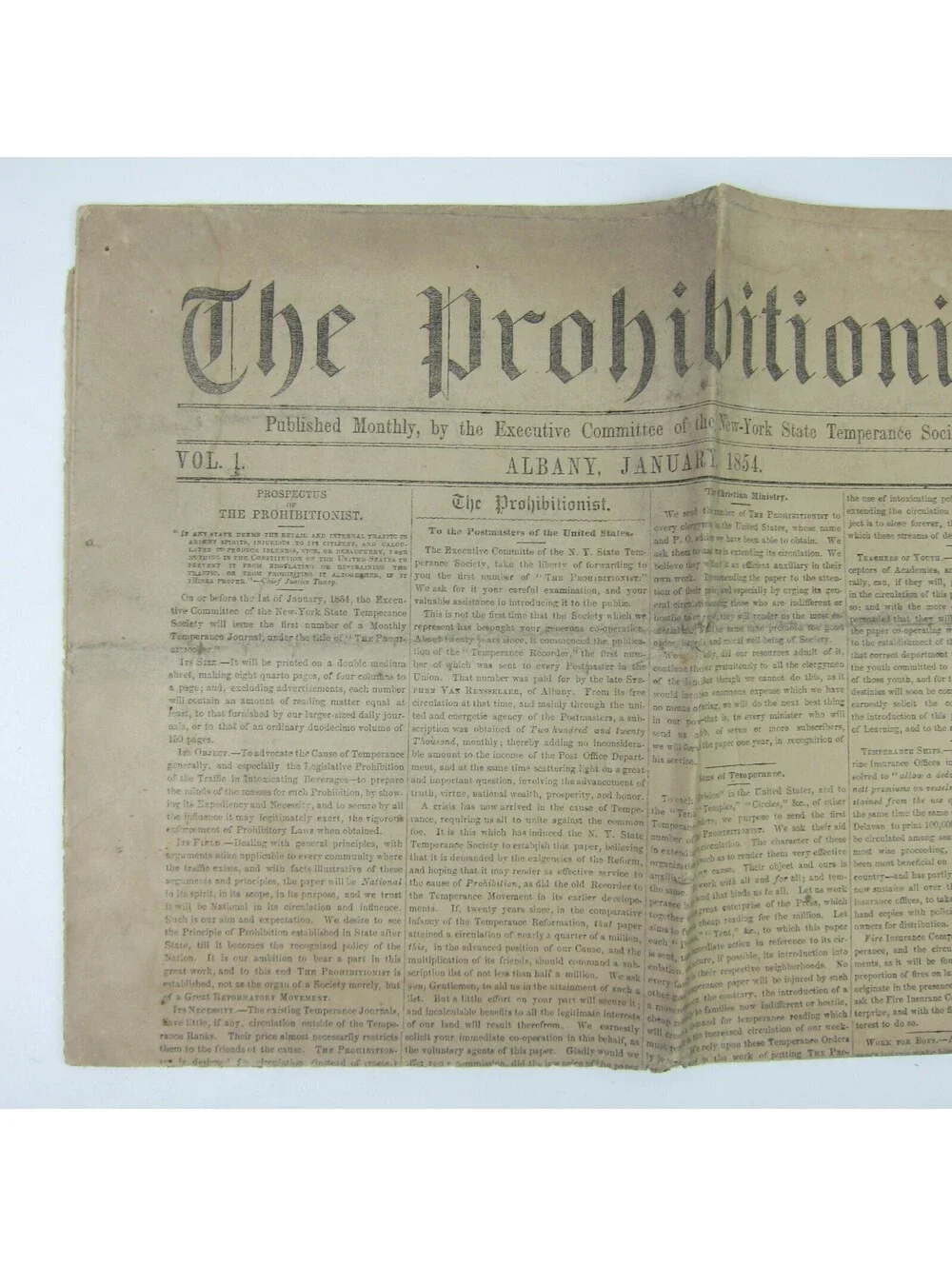 The Prohibitionist Newspaper New York Temperance Society #1 Antique 1854 RARE